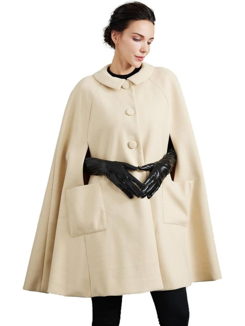 Vintage Wool Blend Cape Coat with Pockets | Single-Breasted Pea Coat for